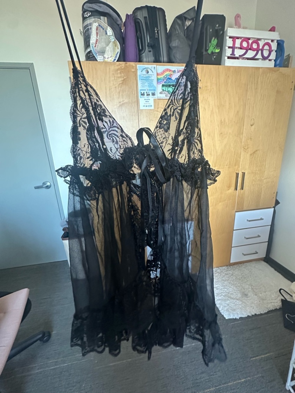 Sheer Lace Tie-Front Babydoll Chemise - Black
